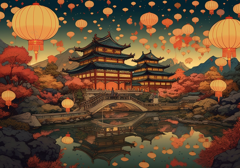 中国风国潮中秋池塘古建筑楼阁灯笼背景,插画/手绘图,插画/手绘图库,插画/手绘图下载,插画/手绘